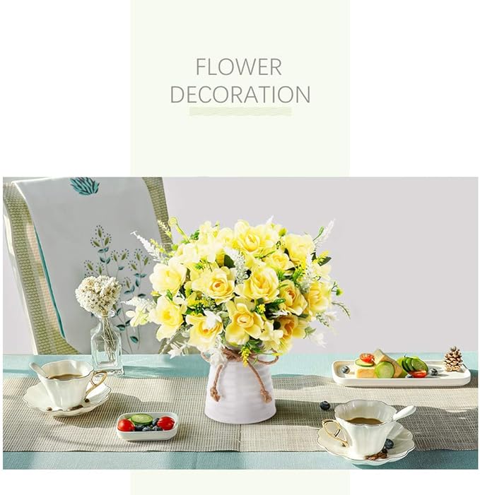 LESING Artificial Flowers with Vase for Table Centerpieces,Fake Silk Gardenia Flower in Vase Decoration for Home Office Party (Champagne)
