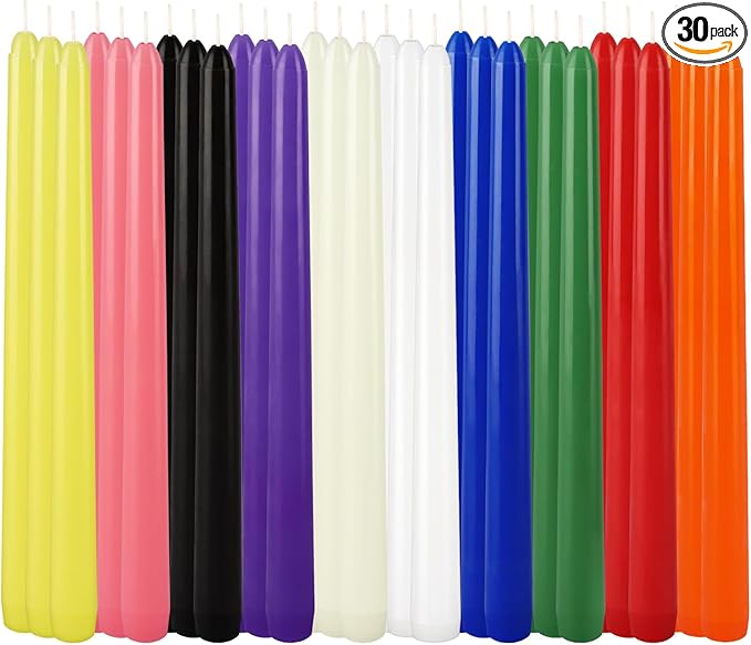 30-Pack 10-Color Taper Candles - 10 Inch Dripless & 10-Hour Burn｜Wedding/Birthday/Home Decor with Premium Wax