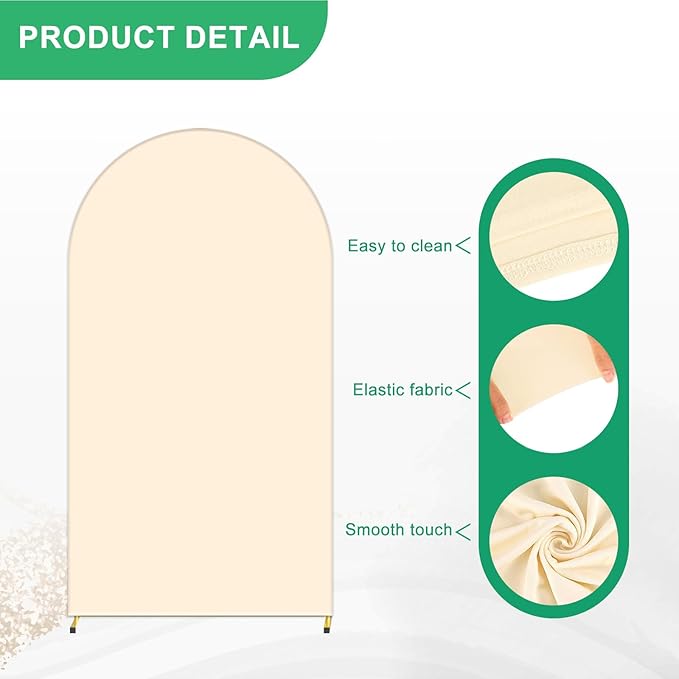 Metal Arch Backdrop Stand and Cover Set, 7.2FT Beige Reusable Spandex Fitted Backdrop Cover and Gold Wedding Arch Frame for Baby Shower, Birthday, Parties Decoration.