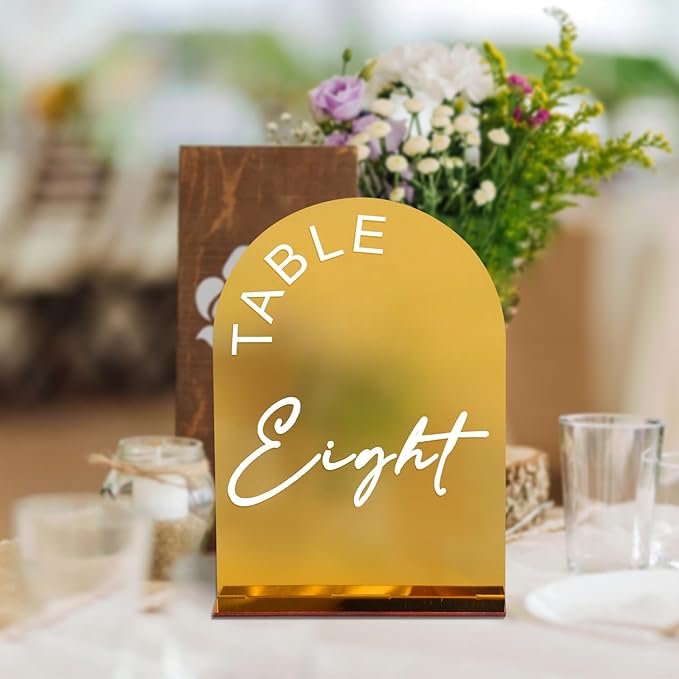 Gold Mirror Arch Wedding Table Numbers 1-10 with Stands, 5x7 Inch Acrylic Arch Sign with Holder for Wedding Reception Table Centerpiece Decoration(Gold Mirror)