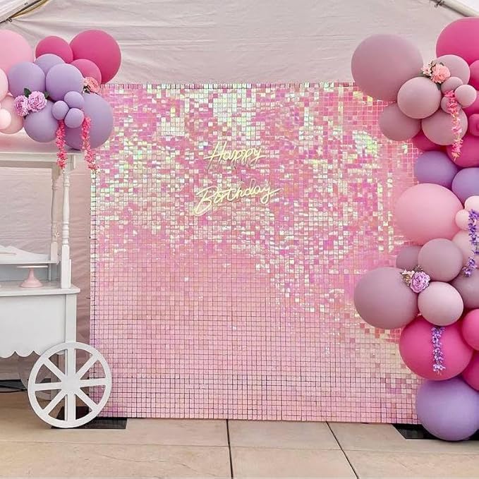 Qcity Iridescent Pink Shimmer Wall Backdrop 36PCS, Black Back Not See-Through Design, Square Sequin Glitter Backdrop Panel, Perfect for Outdoor Events, Birthdays, Wedding and Party Decoration