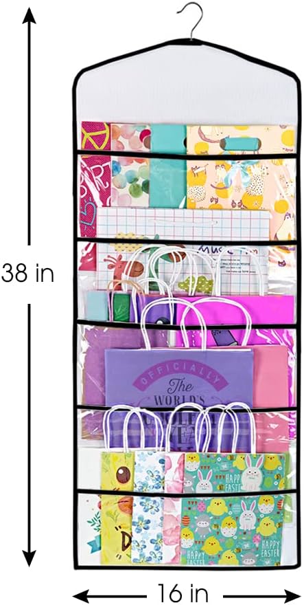 Gift Bag and Tissue Paper Storage, Hanging Organizer with Multiple Front and Back Pockets Double Sided, Organize Gift Wrap and Paper Bags 38 x 16 Inch (Black seam)