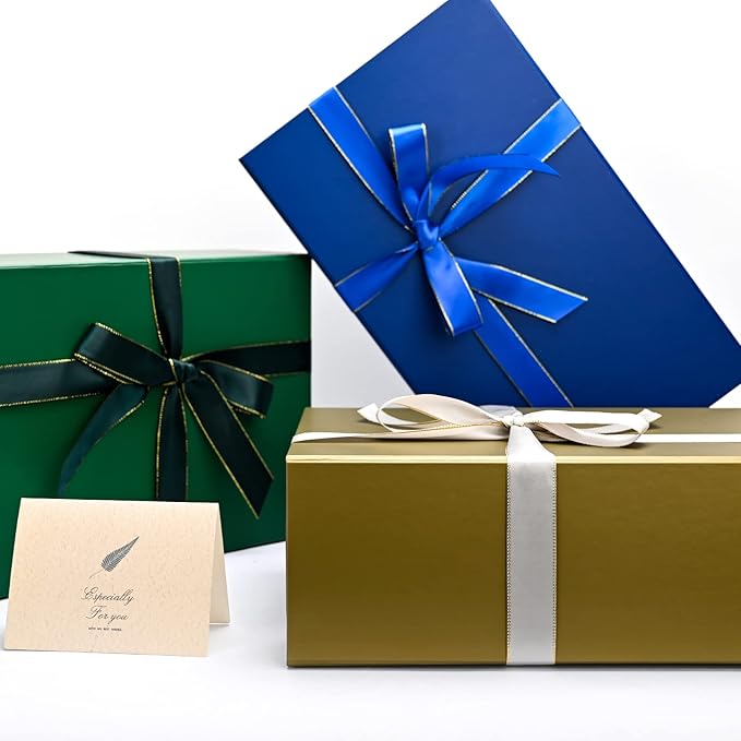 LIFELUM Magnetic Gift Boxes 5 Pack 13.85 x 8.35 x 4.45 inch Rectangle Collapsible Boxes with Lids and Ribbon,Card,Shredded Paper Filler Gift Boxes for Presents，Christmas,Birthdays
