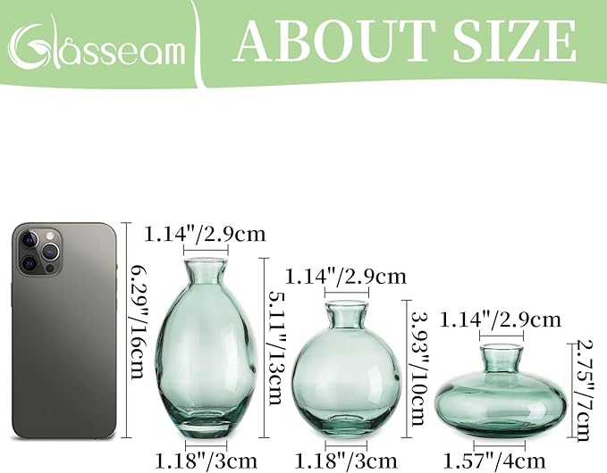 Small Glass Bud Vase for Centerpieces, 6Pcs/2Sets Green Modern Small Mini Flowers Vases Short Minimalist Aesthetic Vintage Cute Handmade Tiny Wedding Table Centerpiece for Single Flower Rose
