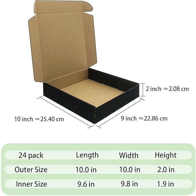 24 Pack 10 x 10x 2 Inches Shipping Boxes，Black 3 Layers Corrugated Cardboard Box, Mailer Boxes for Packaging Small Business Mailing Gifts Digest Giving Products Wrap Boxes (10''x10''x2'')