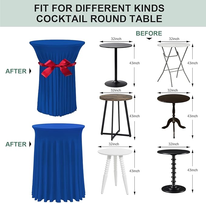 Cocktail Table Covers - 2 Pack 32"x 43" Royal Blue Cocktail Table Tablecloth with Natural Wavy Round Table Skirt Fitted High Top Table for Bar Wedding Party Banquet