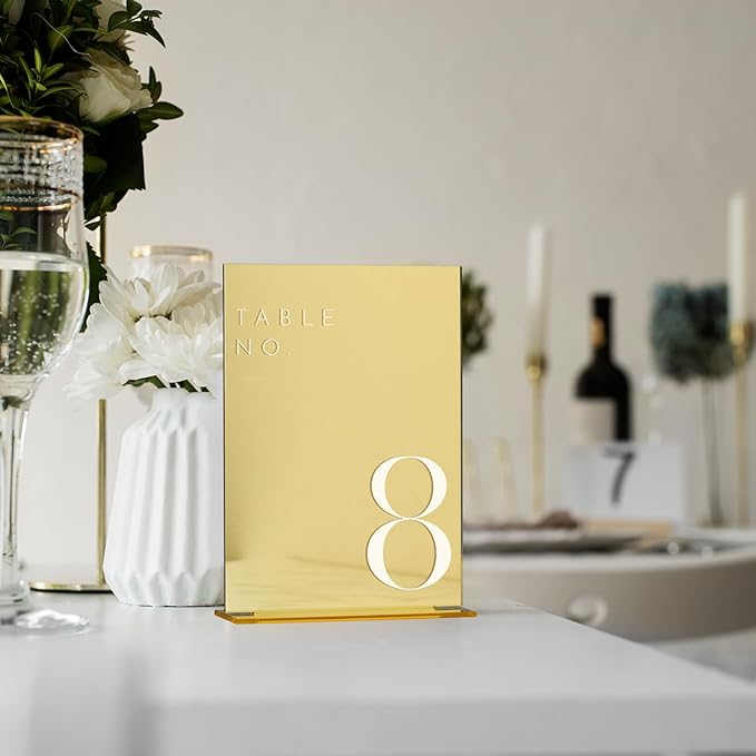 JINMURY Gold Wedding Table Numbers 1-20 with Stands, 5"x7" Gold Mirror Acrylic Table Numbers, Perfect for Wedding Reception, Party, Anniversary, Event