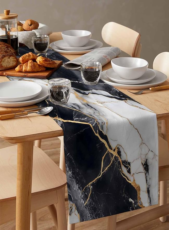 Black White Marble Cotton Linen Table Runner for Dining Kitchen, Wedding Outdoor Party Tablerunners Decoration, Nature Marble Crack Modern Art Dresser Scarf Coffee Tablecloth Runners 13x60 Inches