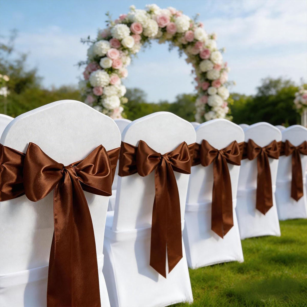 Brown Chair Sashes 50 Pack, Chocolate Satin Chairs Bows Ribbons for Party Wedding, Universal Ties Knots for Folding Chairs Decor