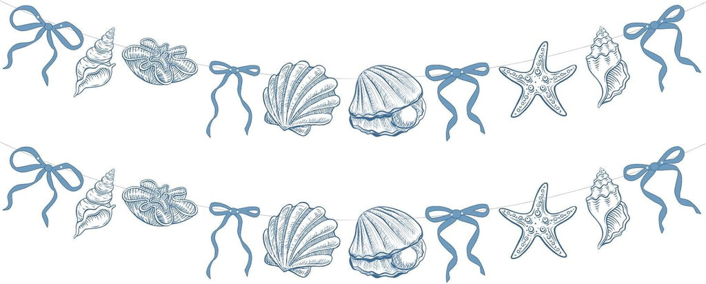 Oudain 2 Pack Blue Bow Starfish and Seashell Garland 6.56 ft Ocean Coastal Nautical Beach Party Paper Bow Hanging Banner for Under the Sea Summer Birthday Wedding Bachelorette Mermaid Baby Shower