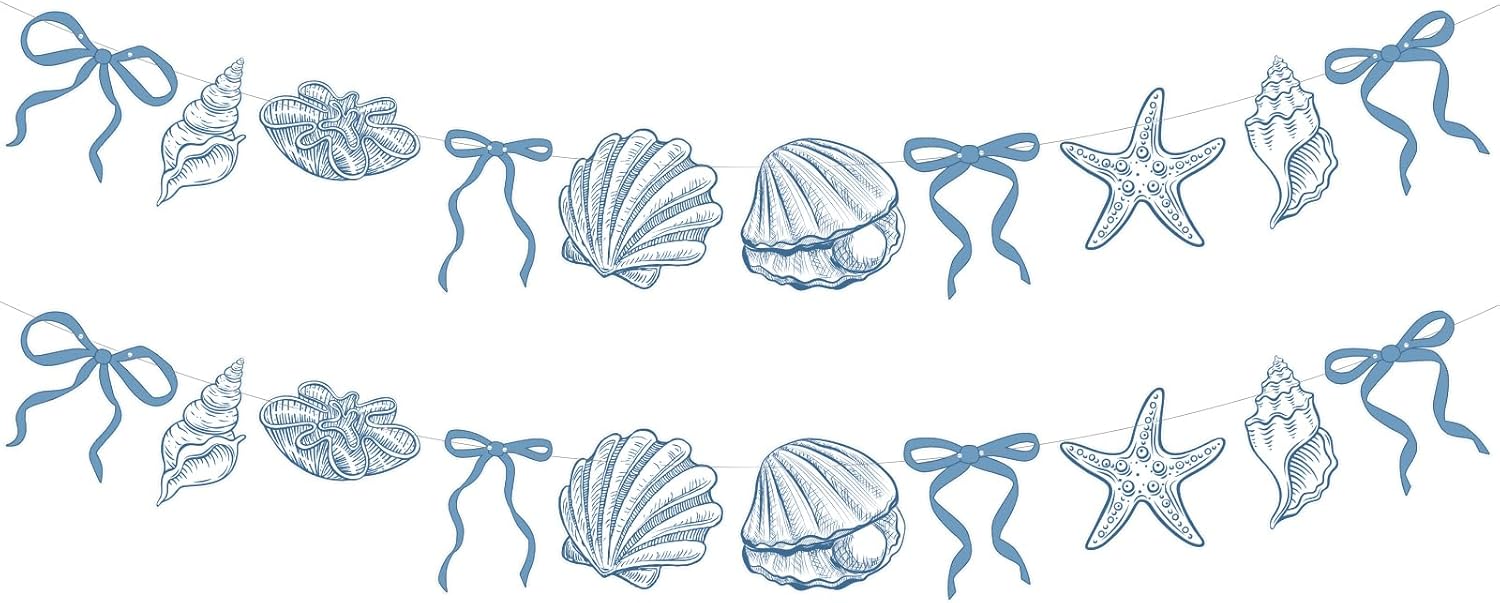 Oudain 2 Pack Blue Bow Starfish and Seashell Garland 6.56 ft Ocean Coastal Nautical Beach Party Paper Bow Hanging Banner for Under the Sea Summer Birthday Wedding Bachelorette Mermaid Baby Shower