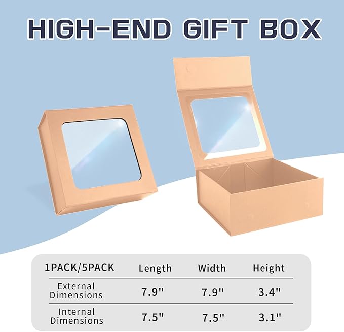 TIACABO Rose Gold Gift Box with Window,7.5"x7.5"x3.1" Bridesmaid Boxe for Gifts Giving,Birthday Gift Boxes with Magnetic,Closure Lid Gifts Boxes for Presents,Cute Box,Luxury for Gift Packaging