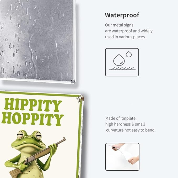 Funny Frog Room Sign - "Hippity Hoppity Get Off My Property" No Trespassing Warning Sign, Vintage Metal Tin Wall Décor, 8" x 12" for Bedroom, Door, Home