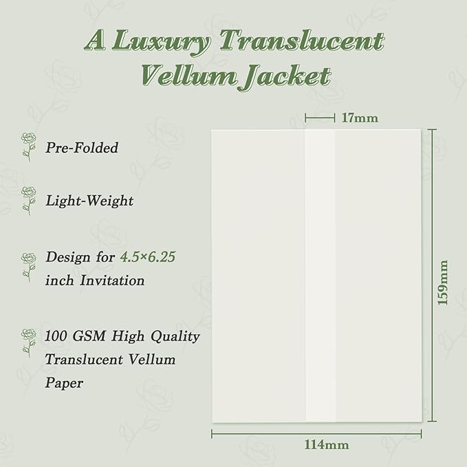 30 Pack Pre-Folded Vellum Jackets for 4.5x6.25 Invitations, Translucent Vellum Paper 4.5x6.25 Jackets, 100GSM Wedding Invitations Wraps, Envelope Liners for Birthdays, Baby Showers
