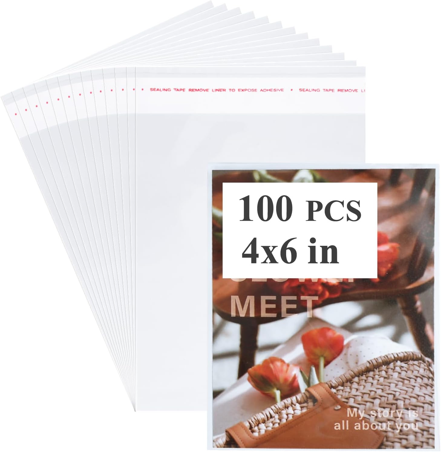 Miraclekoo100Pcs 4-1/2 x 6-1/2 Self Sealing Cello Cellophane Bags Clear Plastic Sleeves - Fit A4 Envelope 4X6 Photos Cards Toploaders Prints Treats Cookie Candy