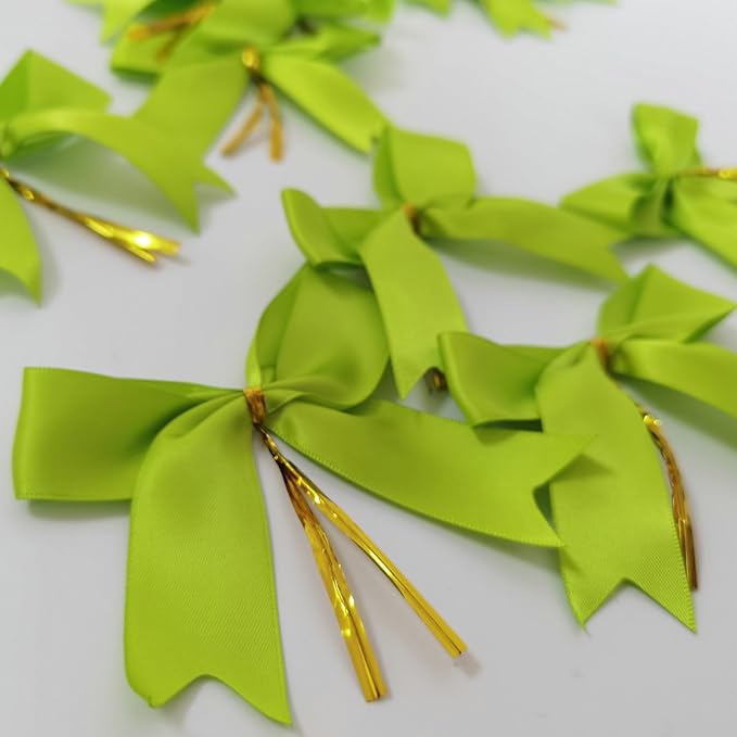 50 pcs 3-1/2" Apple Green Satin Ribbon Twist Tie Bows for Spring Gift Wrapping with Fish Tails (Lt.Green)