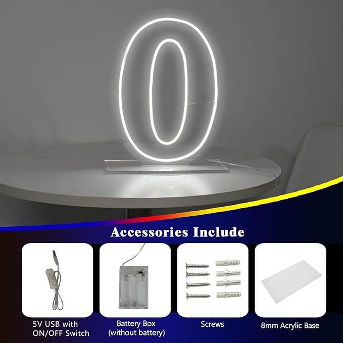 Number 0 Neon Sign Light, 16.54" Cool White USB Battery Powered Led Neon Sign for Party Wedding Anniversary Decor Light Sign (Number 0)
