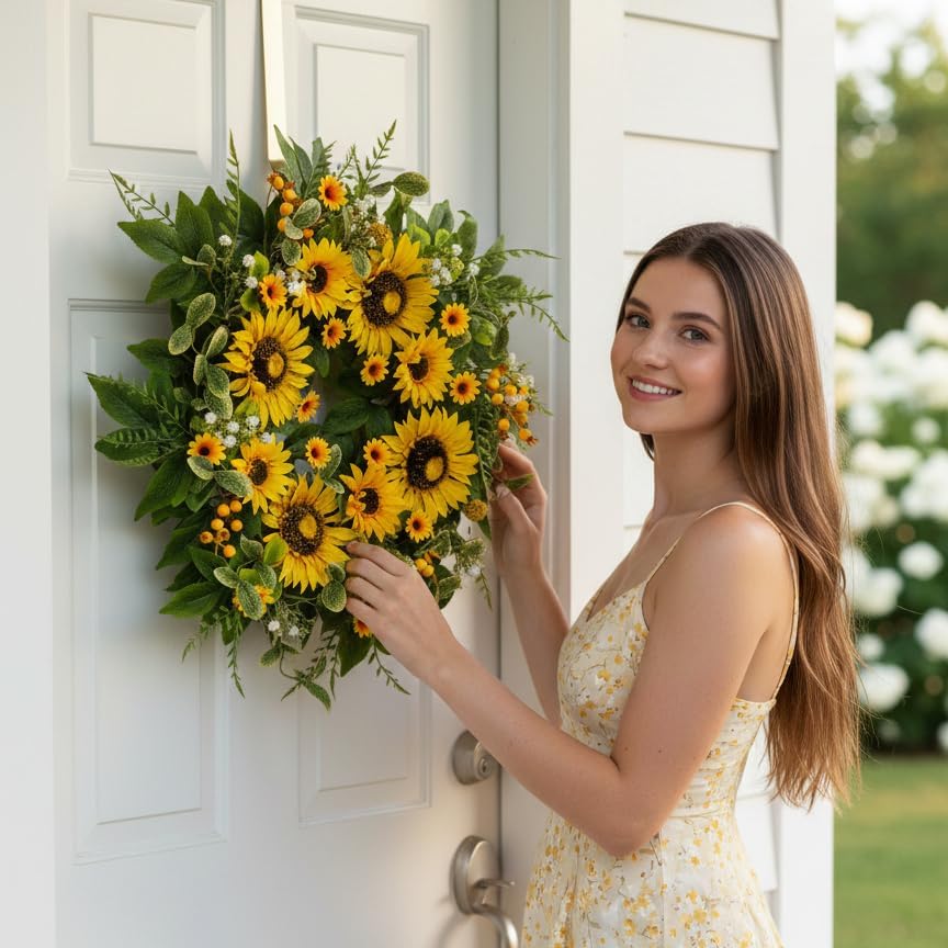 sunflower wreath for front door, 24 inch spring showing dimensions