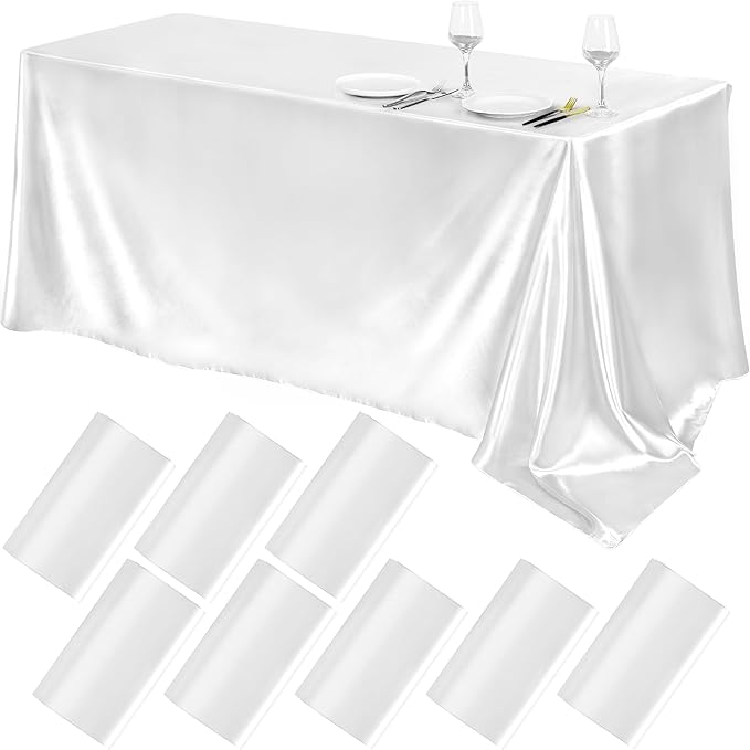TURSTIN 8 Packs White Satin Tablecloth 102 x 58 Inch Overlay Satin Table Cover Rectangle Bright Silk Tablecloth Smooth Fabric Table Decoration for Wedding Banquet Party Events