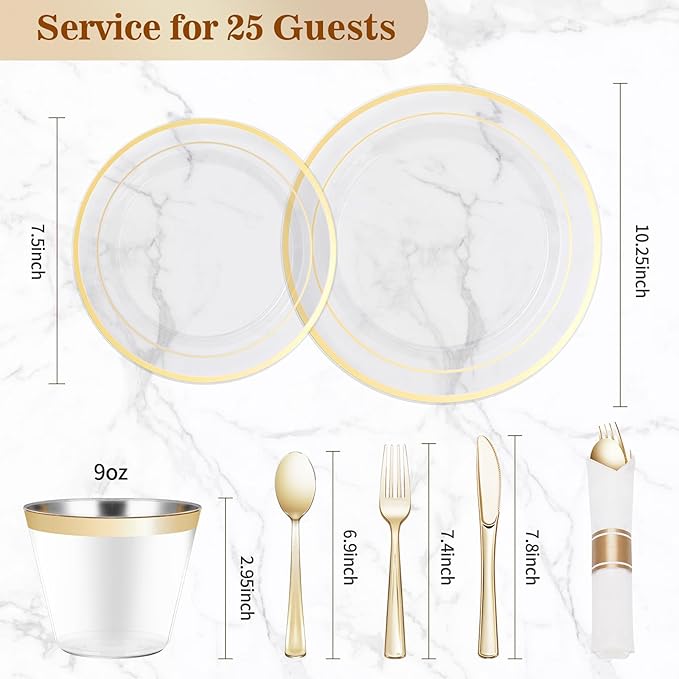 BESTVIP 175PCS Clear Gold Plastic Dinnerware Set, Disposable Party Plates for 25 Guests, Include: 50 Plastic Plates, 25 Pre Rolled Napkins with Silverware, 25 Cups for Christmas, Halloween