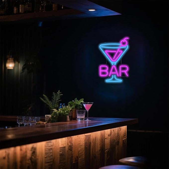 Cocktail Neon Sign - Martini Glass LED Bar Light, Retro Home Pub Wall Art, Dimmable Bar Decor, Gifts for Bartenders & Cocktail Lovers