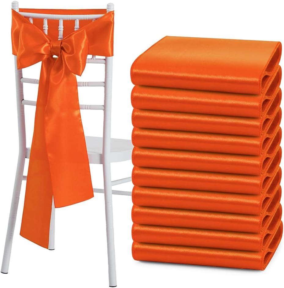 Orange Satin Chair Sashes Bows, 6 x 108 inch, 10 Pcs | Universal Chair Cover, Wedding Reception Events Banquets Party, Hotel Event Decorations