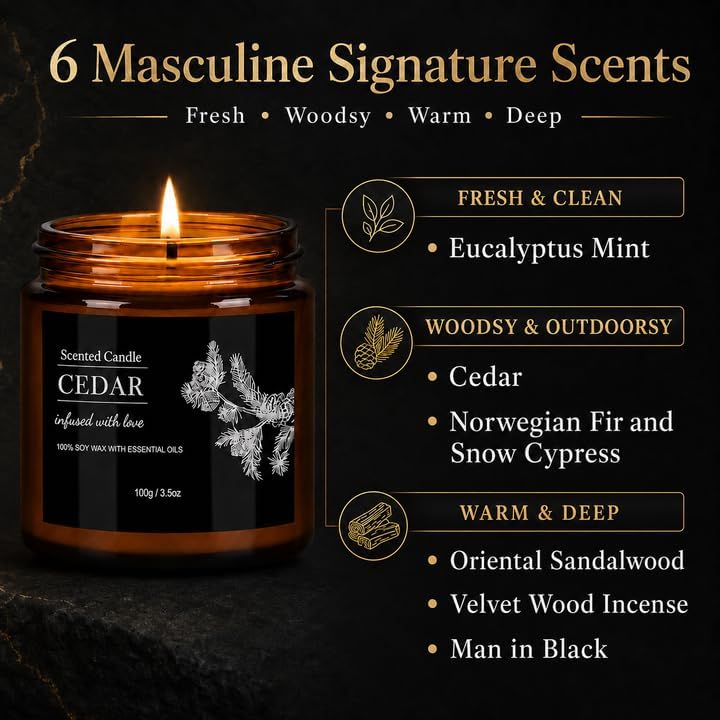Scented Candles for Men, 6 Pack Soy Candle Gift Set, 150 Hour Burn Time, Sandalwood Cedar Aromatherapy Candles Gifts for Birthday Christmas for Men Dad Husband Boyfriend