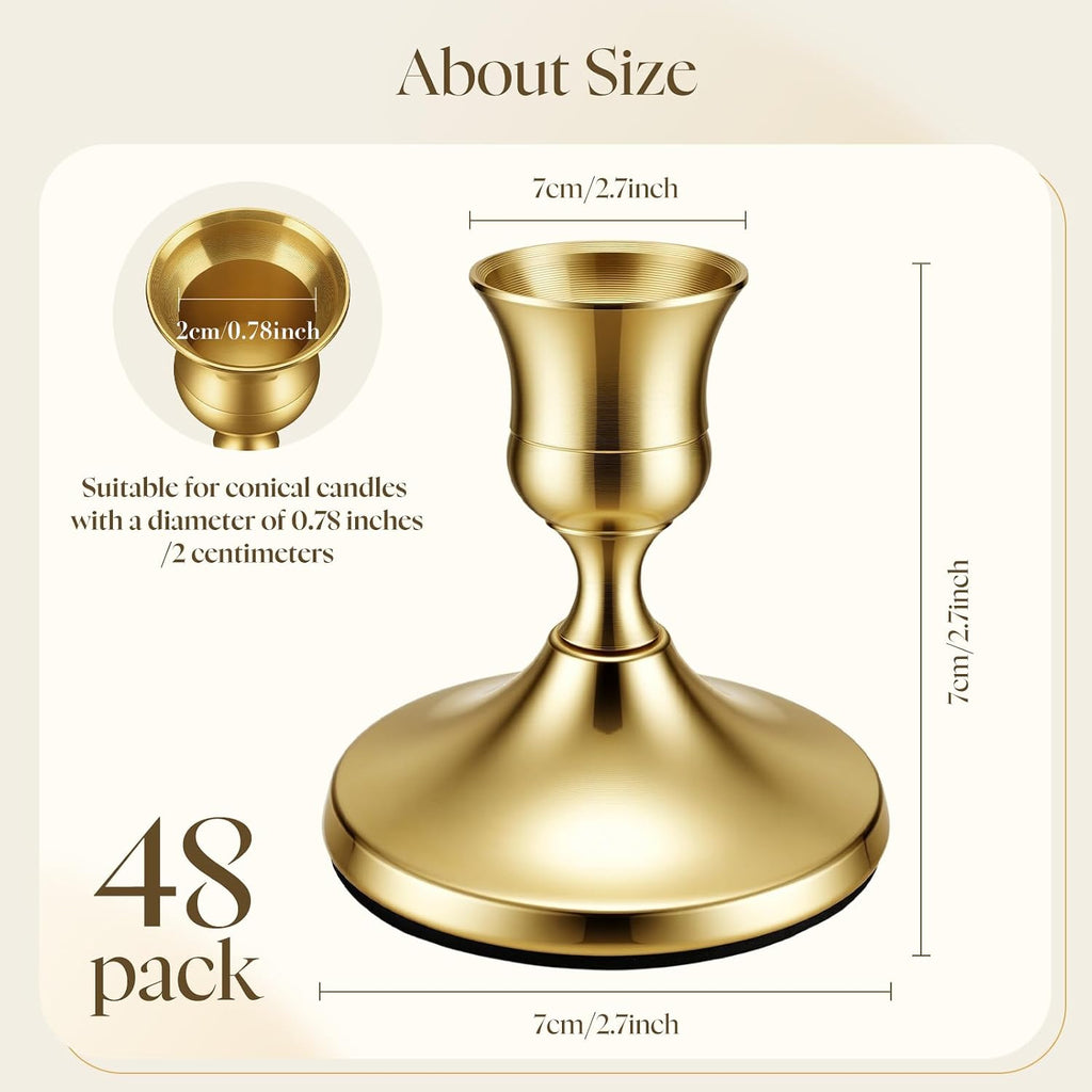 48 Pack Brass Gold Taper Candle Holders Set - Vintage Metal Candlestick Holders Set Candle Holder for Table Centerpiece, Wedding Reception, Festive Christmas Mantel Decoration or Home Decor Gold