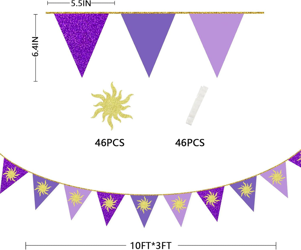 30Ft Purple Sun Party Decorations Purple Pennant Banner Flag Hanging Paper Triangle Bunting with Gold Sun for Birthday Bridal Shower Wedding Bachelorette Engagement Lavender Party Supplies