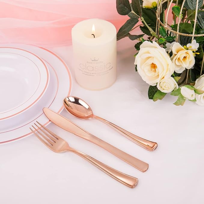 WDF160 Piece Rose Gold Disposable Cutlery Set - Heavyweight Plastic Silverware - Includes 80 Forks, 40 Spoons, 40 Knives - Rose Gold Silverware Perfect for Wedding/Party