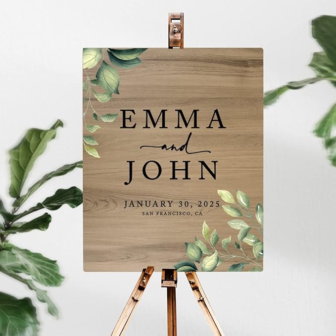 Andaz Press Large Wooden Welcome Sign for Wedding, Rustic Welcome Sign 16" x 20" Custom Names Greenery Leaves Wedding Signage English Oak MDF Wood Finish Wedding Reception Indoor Outdoor Signs