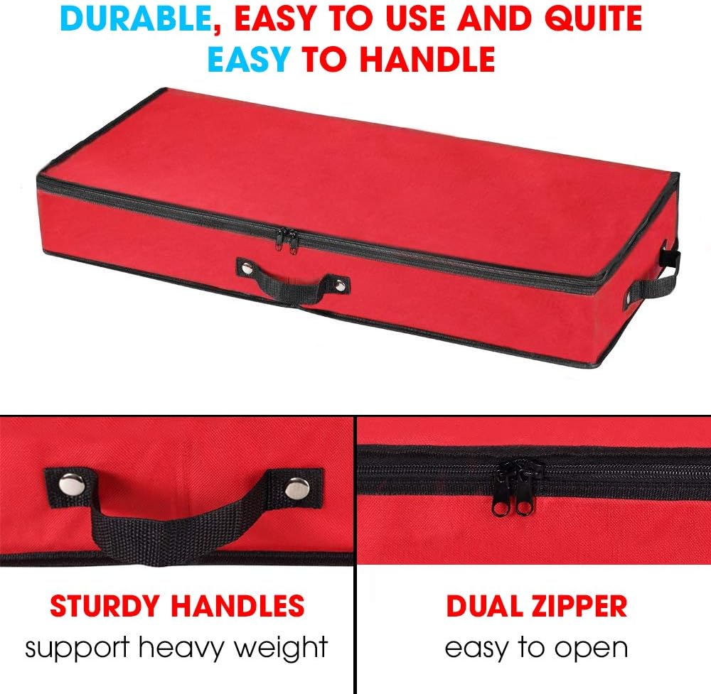 Wrapping Paper Storage Container | Under Bed Gift Wrap Organizer for 30 Inch Rolls | 31”x13.5”x4.5” | 600D Oxford Material | Box Holder with Pockets for Ribbon, Bows, and Accessories (Red)