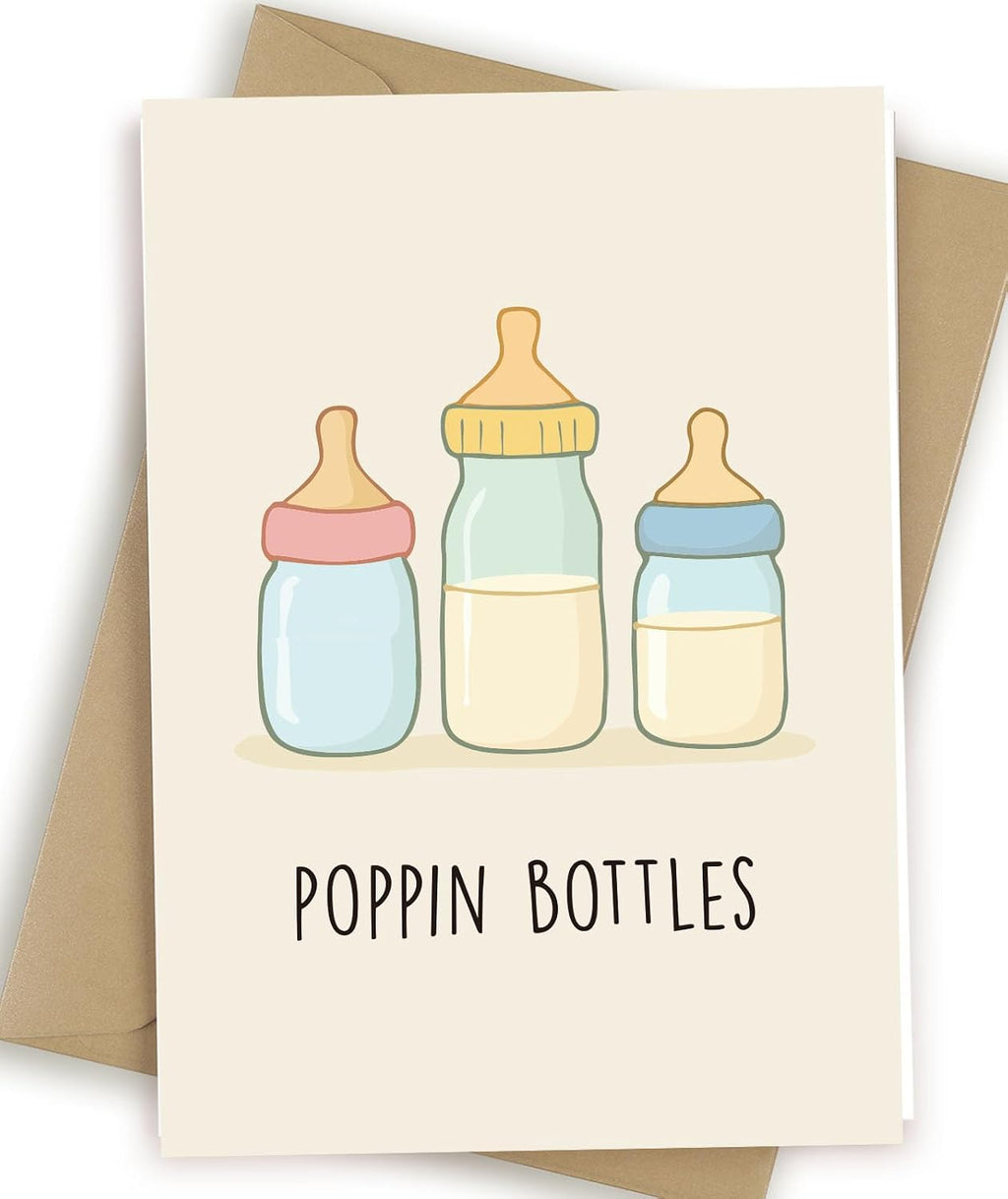 Funny Baby Shower Card for New Mom Dad, Cute Baby Congratulations Card with Kraft Envelope, 5x7 Inch Blank Inside, Poppin Bottles, Premium 400gsm Cardstock, New Baby Gift for Couple Parents