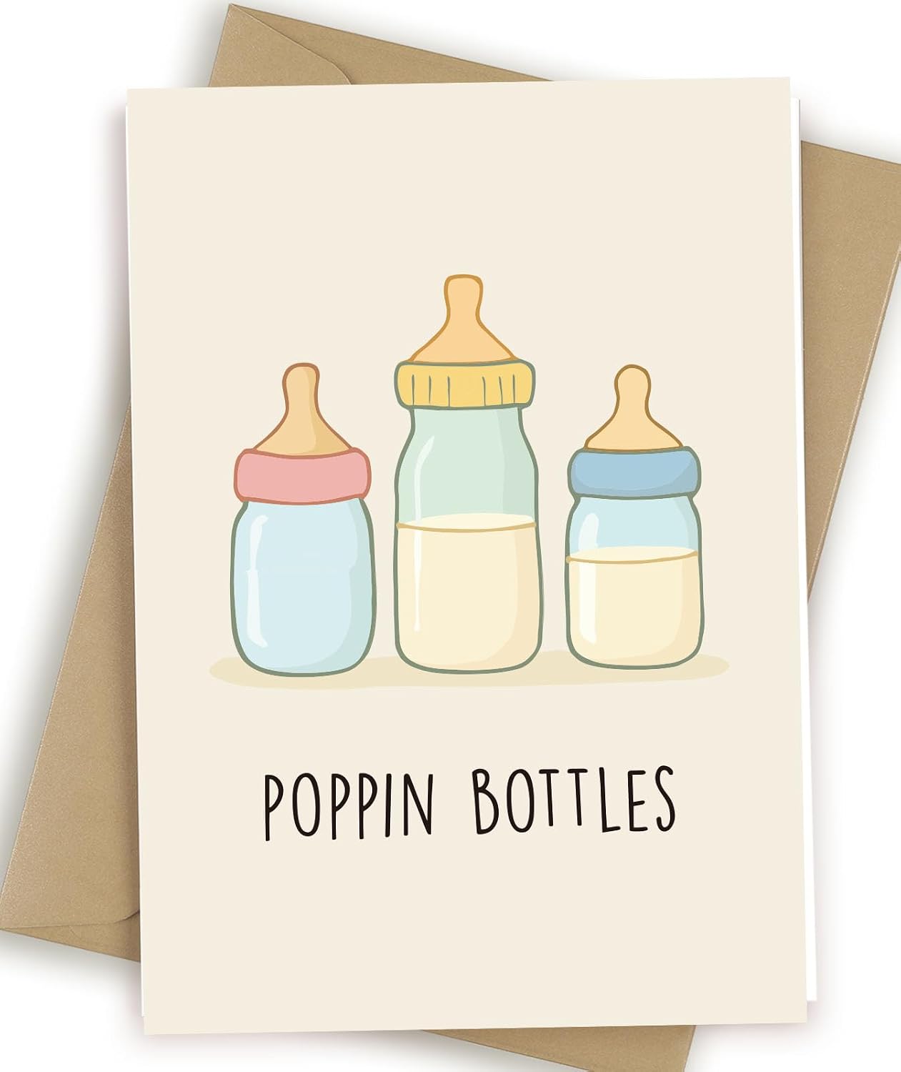 Funny Baby Shower Card for New Mom Dad, Cute Baby Congratulations Card with Kraft Envelope, 5x7 Inch Blank Inside, Poppin Bottles, Premium 400gsm Cardstock, New Baby Gift for Couple Parents