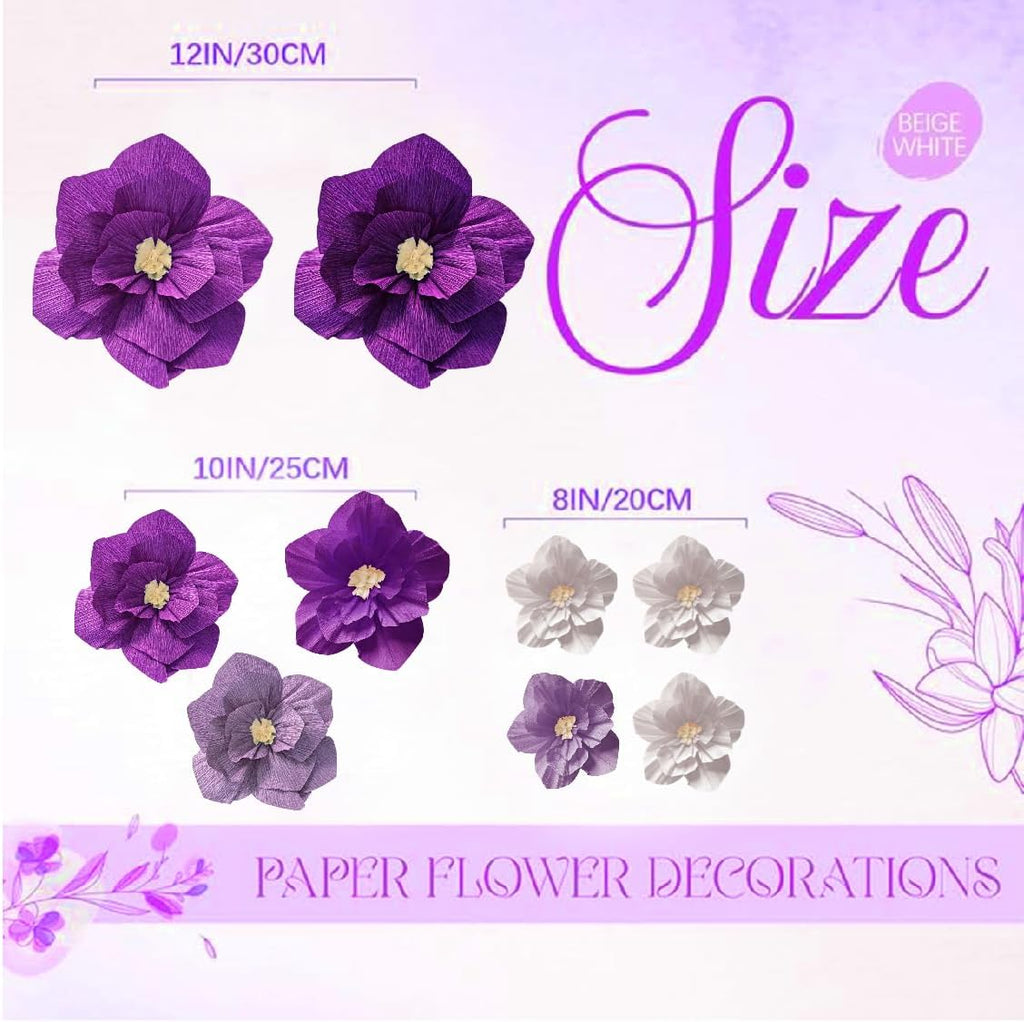 9 PCS Purple Paper Flowers Artificial Crepe Tissue White Wall Décor Wedding Birthday Bridal Baby Shower Classroom Nursery Room Backdrop Centerpieces Party Decorations Supplies (Purple (9PCS))