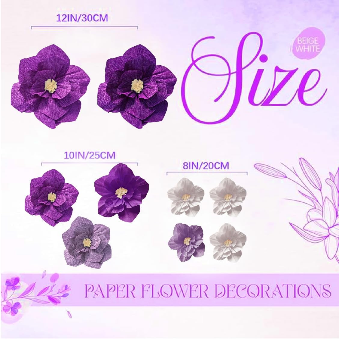 9 PCS Purple Paper Flowers Artificial Crepe Tissue White Wall Décor Wedding Birthday Bridal Baby Shower Classroom Nursery Room Backdrop Centerpieces Party Decorations Supplies (Purple (9PCS))