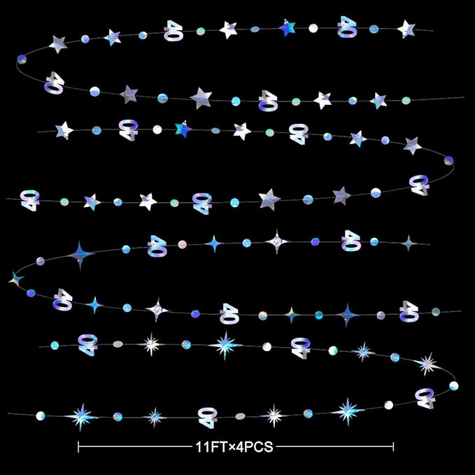 Iridescent 40th Birthday Decorations Number 40 Circle Dot Twinkle Star Garland Metallic Hanging Streamer Bunting Banner Backdrop for Women Mens 40 Year Old Birthday Forty Anniversary Party Supplies
