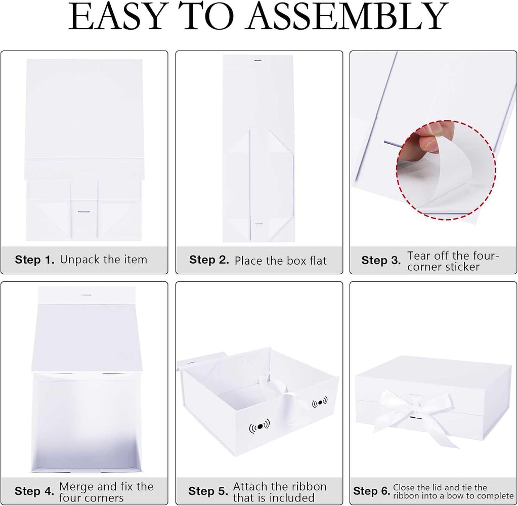 LFBOX White Gift Box with Ribbon Magnetic Lids 1 Pack | Large Gift Boxes Bridesmaid Groomsman Proposal Boxes, 10.2x9x3.74 in, Collapsible Wedding Storage Box