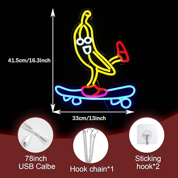 Skateboard Banana Neon Sign Cool Slide Banana LED Neon Light Dimmable Banana Light Up Sign for Shop Bedroom Party Bar Art Wall Decoration(16.3"*13")