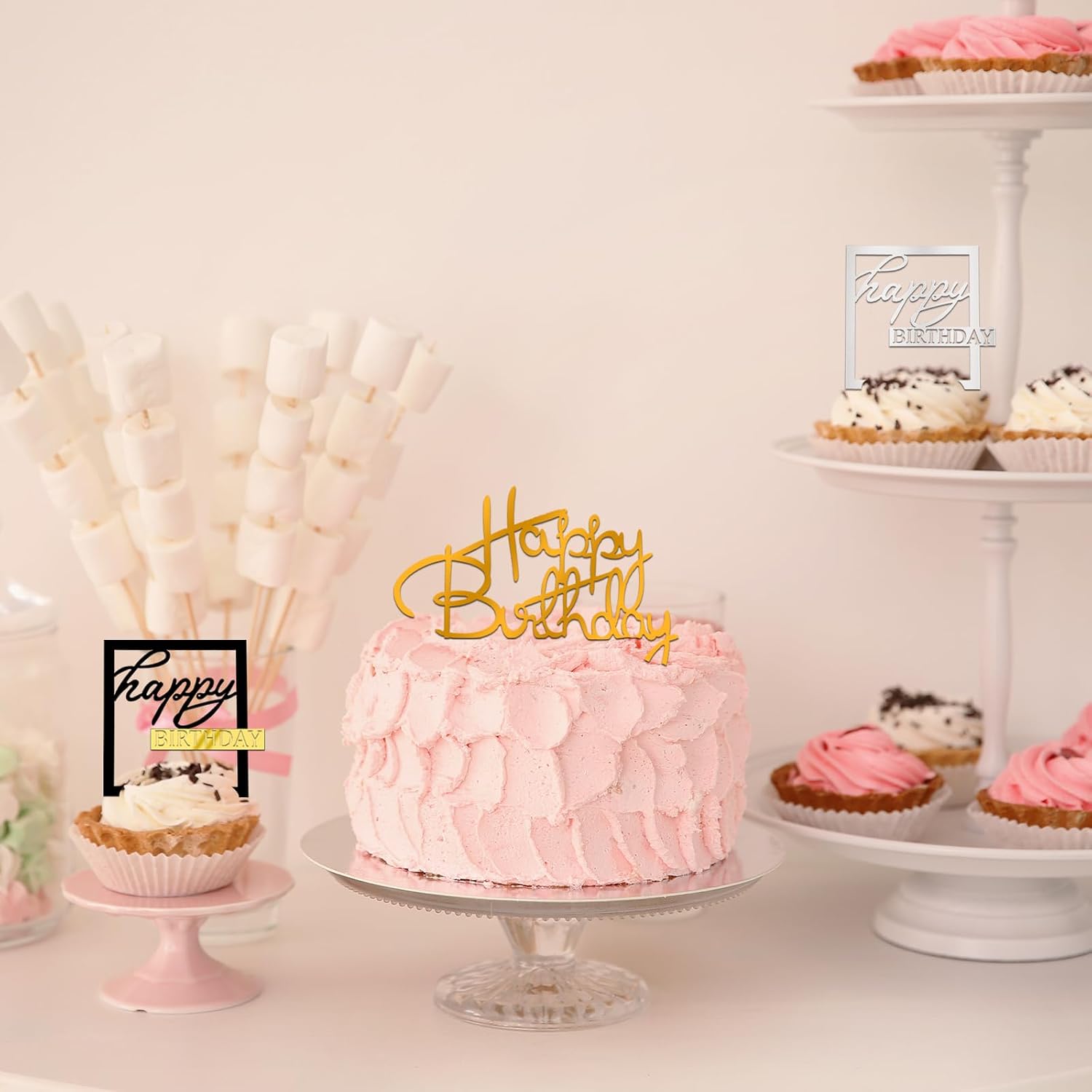 30PCS Happy Birthday Cake Topper Acrylic Cake Toppers for Party Supplies | Mirror Design Total 10 Styles Double-Sided DIY Gift Gold Silver Black Mixed