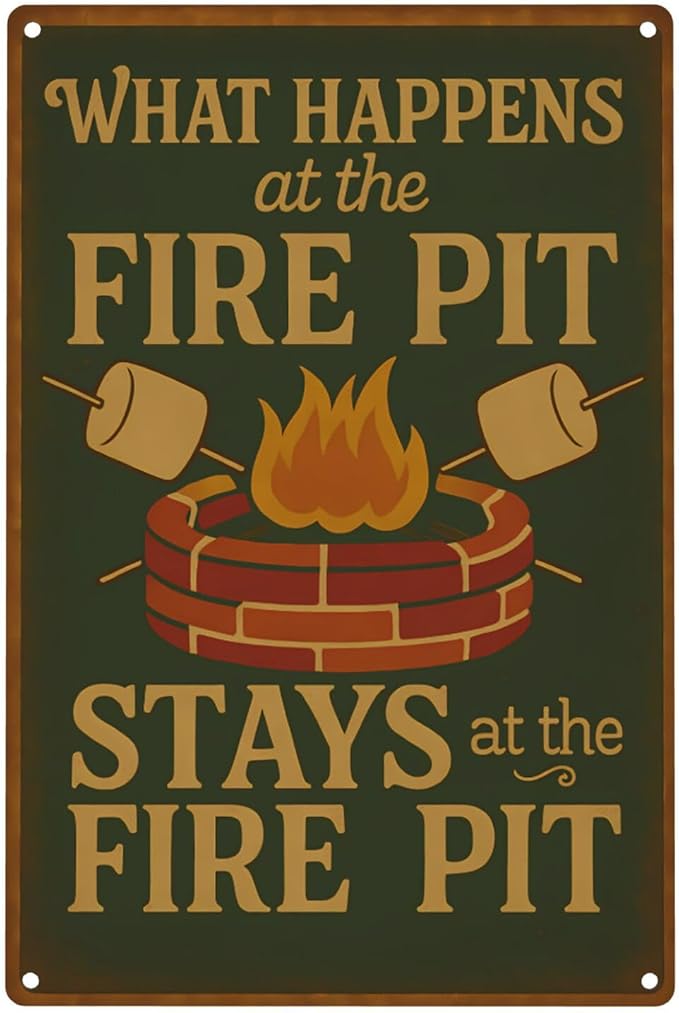 Funny Firepit Metal Sign - "What Happens at the Firepit" Outdoor Wall Decor for Patio, BBQ, Grill, or Campsite - Great Gift for Campers & Dads - 8" x 12"