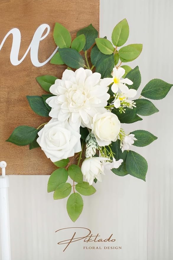 Wedding decor (pack of 2) Welcome Sign Flower Backdrop Garland For Ceremony Reception Wall Easel Home Decoration Entryway Faux Outdoor Board Head Table Decor (White)