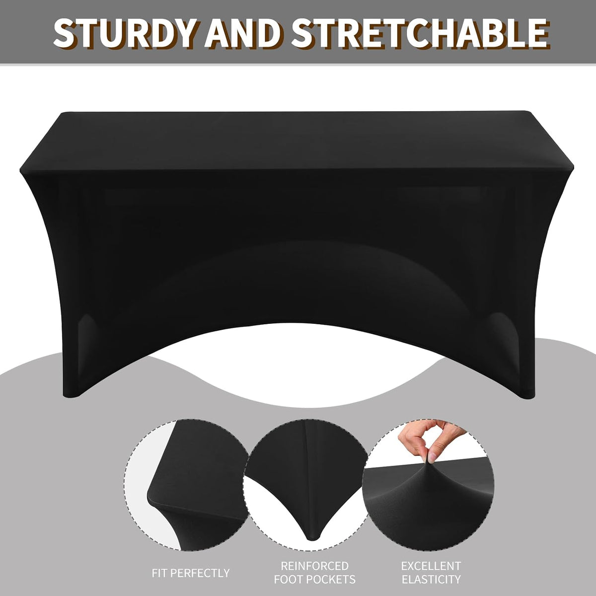 Fixwal 6 Pack 8FT Black Tablecloth Rectangle Spandex Fitted Table Cover