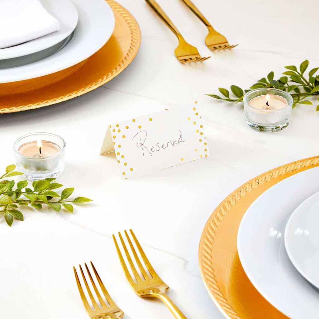 Best Paper Greetings Place Cards for Table Setting - 3.5 x 2 In Folded, 100 Pack, Gold Foil Polka Dots, 250gsm Paper - Place Card Holders & Food Tags for Weddings & Dinner Parties