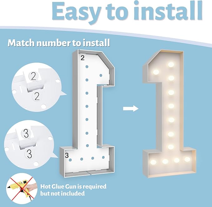 4FT Marquee Light Up Numbers 1,Party Decoration Large Marquee Light Up Letters with Weighted Water Bag,Pre-cut Foam Board Set Can Be Used for Birthdays,Weddings,Baby Anniversaries