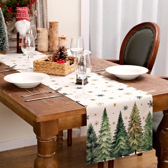 GEEORY Christmas Table Runner 13x108 Inch, Xmas Tees Snowflakes Holiday Decorative Farmhouse Table Decoration for Kitchen Dinning, Indoor Outdoor Dinner Party Decor (Light Green) GT166-108
