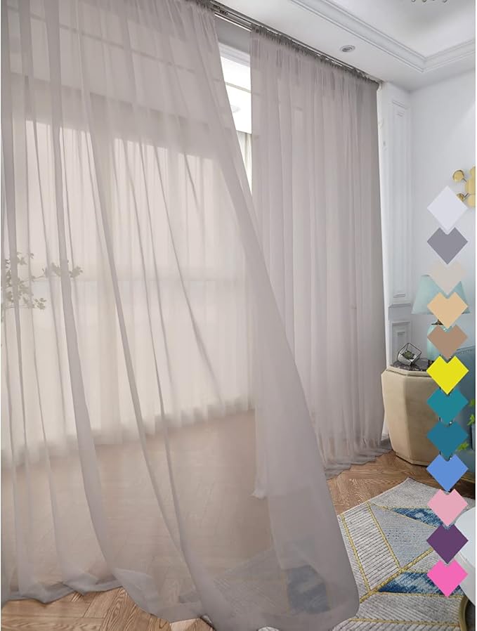 Window Light Grey Sheer Curtains 48 Inches Width 45 Inches Long 2 Panels Sheer Curtain Clear Curtains Basic Rod Pocket Panel for Home Living Room Bedroom Kids Room Yard Patio Parlor Sliding