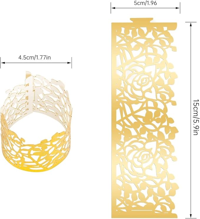 100pcs Disposable Rose Flower Paper Napkin Rings Laser Cut Foil Paper Napkin Holder, Leaf Vine Serviette Rings for Table Decoration,Christmas,Wedding,Party (Gold) (Pack of 2)