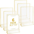 Floroom 6 Pack 8.5x11 Inch Clear Acrylic Sign Holders, Double-Sided Gold Display Stand Picture Frames for Table Numbers, Menus, Flyers, Weddings, and Offices