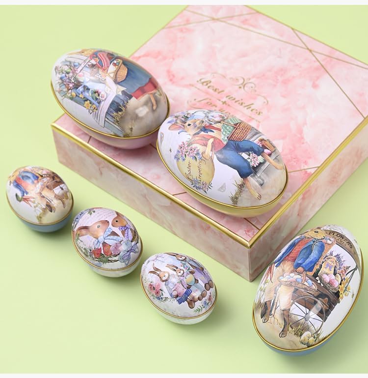 4.3" Medium Easter Egg Tin - Retro Rabbit & Carrot Metal Storage Box, Traditional Garden Style Egg Shaped Keepsake for Candies & Jewelry